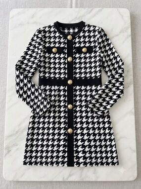 NWOT SHEIN Black and White Houndstooth Knit Dress with Gold Buttons